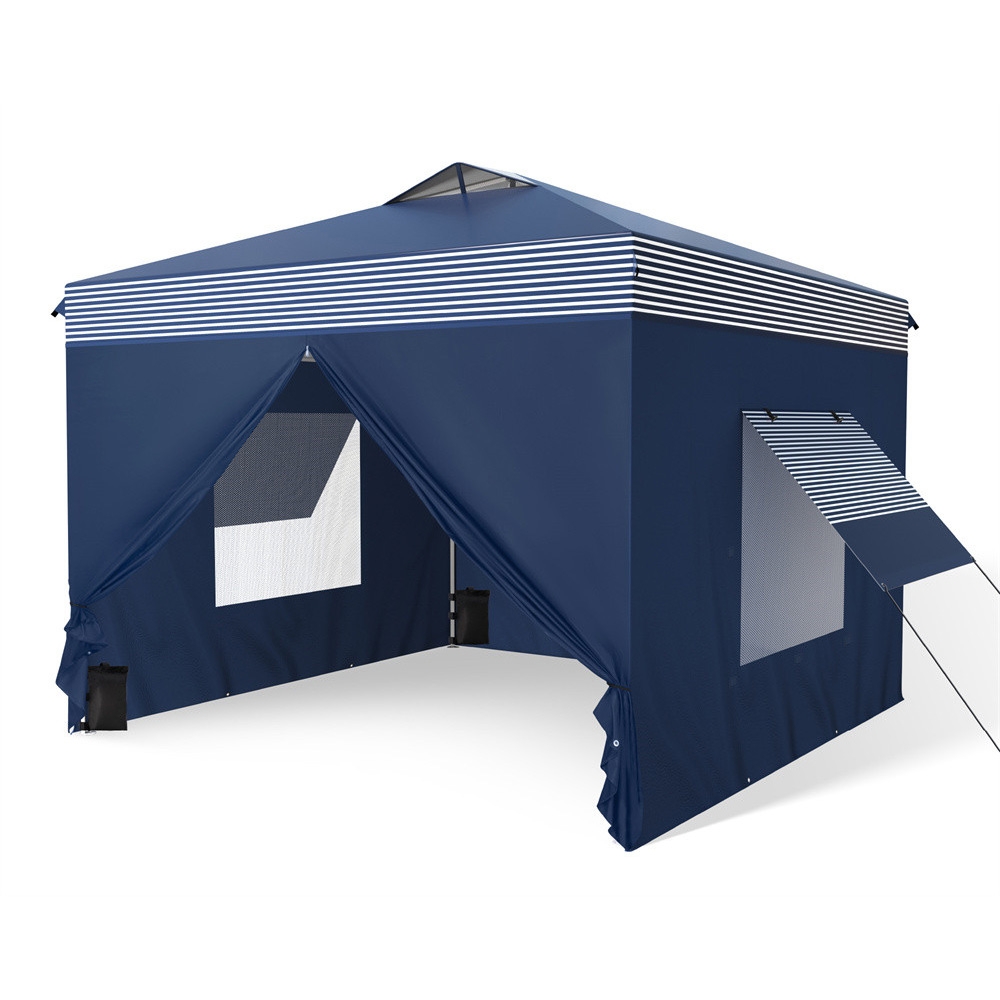 A blue canopy tent with striped valance and mesh windows on the sides.