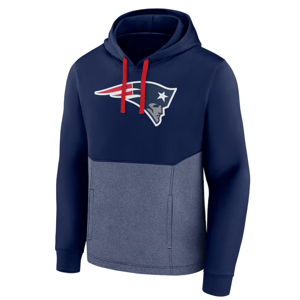 A hooded sweatshirt with a two-tone design, featuring a New England Patriots logo on the chest and red drawstrings.