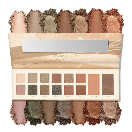 Laura Geller eyeshadow palette with 14 shades in various neutral and earth tones; includes a mirror.