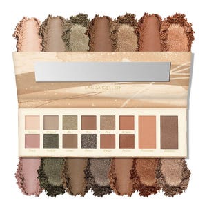Laura Geller eyeshadow palette with 14 shades in various neutral and earth tones; includes a mirror.