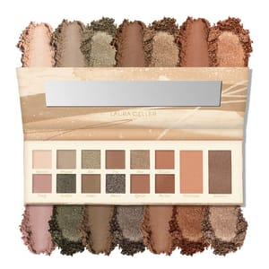 Laura Geller eyeshadow palette with 14 shades in various neutral and earth tones; includes a mirror.