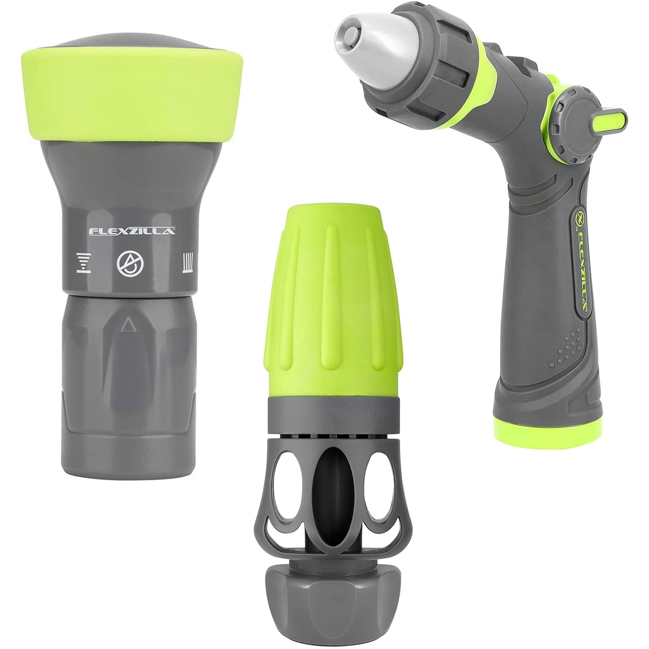 Set of three Flexzilla spray nozzles in gray and green, featuring a pistol grip, adjustable flow, and ergonomic design for various watering needs.