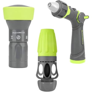 Set of three Flexzilla spray nozzles in gray and green, featuring a pistol grip, adjustable flow, and ergonomic design for various watering needs.