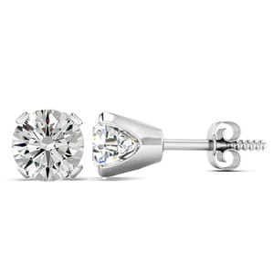 2ct moissanite studs with a brilliant round cut set in 14K white gold, featuring a four-prong setting and screw-back closures for secure wear.
