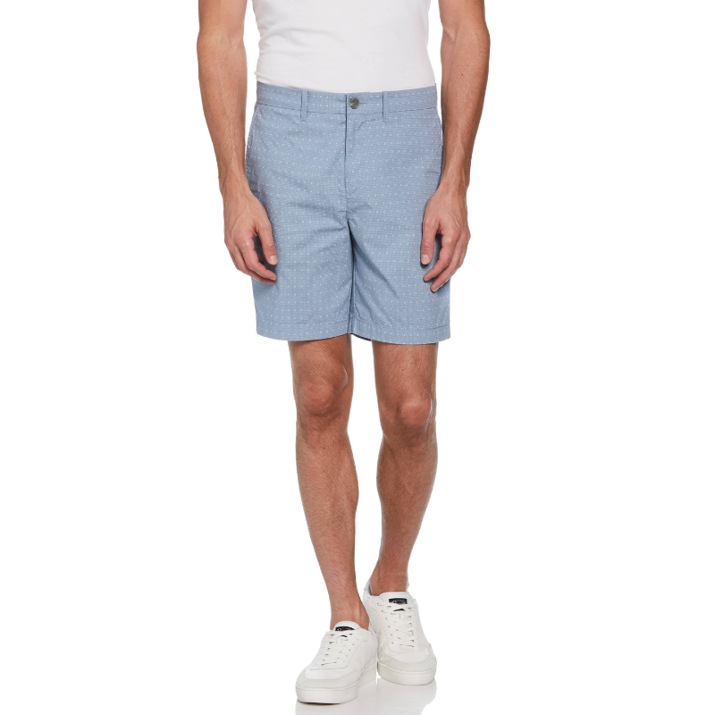 Blue slim-fit shorts with a subtle crosshatch pattern, featuring belt loops and a front button closure.