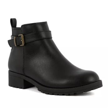 Black ankle boot with a low heel, side buckle strap, and a pull tab at the back.