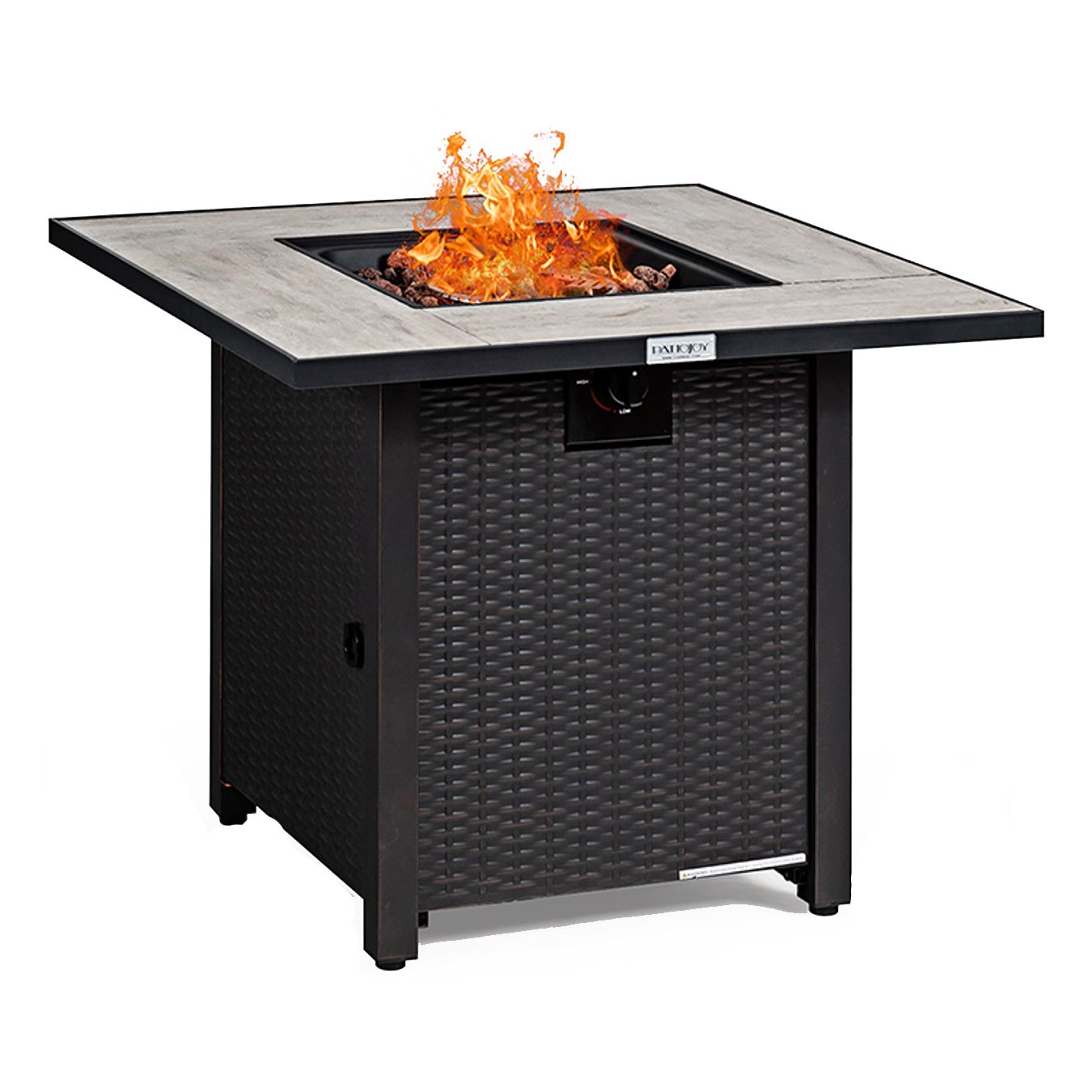 Square fire pit table with a wicker-style base and a stone-gray tabletop, featuring a central flame area with visible decorative rocks and a control panel on the side.