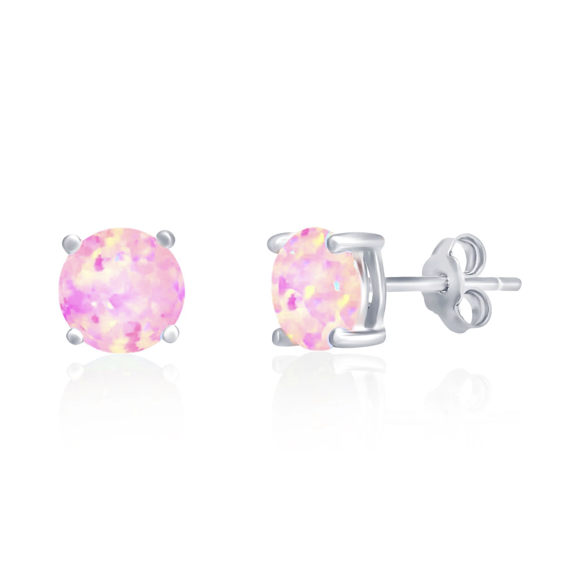 A pair of stud earrings featuring round pink opal stones set in silver prongs with push-back closures.