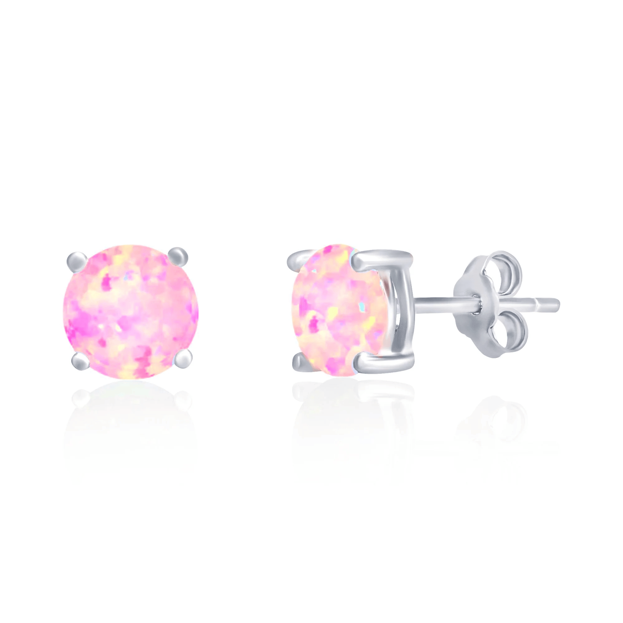 A pair of stud earrings featuring round pink opal stones set in silver prongs with push-back closures.