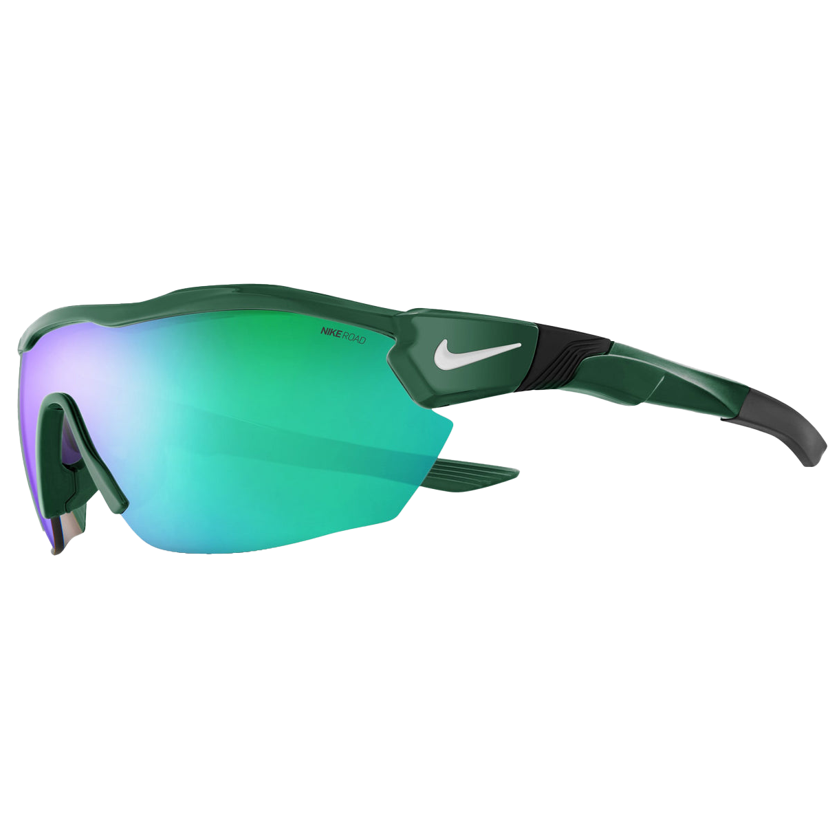 Nike Show X3 Elite Shield Sunglasses feature a wraparound design with green frames and mirrored lenses, including an extended lens coverage over the cheekbones.