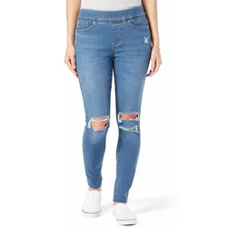 High-waisted blue distressed skinny jeans with ripped knees, styled with a tucked-in white top and white sneakers.
