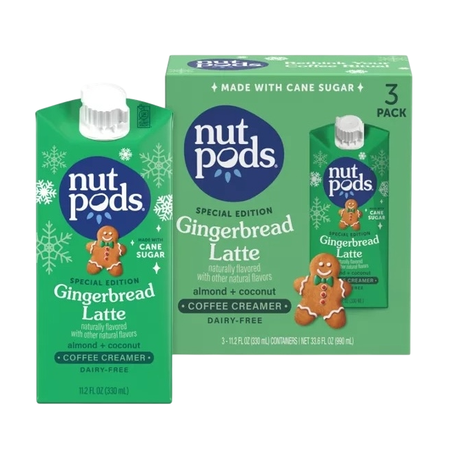 Nutpods Special Edition Gingerbread Latte coffee creamer is shown, featuring almond and coconut ingredients, is dairy-free, made with cane sugar, and comes in a 3-pack of 11.2 fl oz containers.