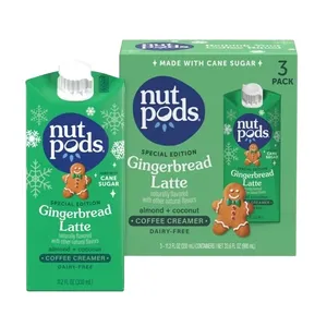 Nutpods Special Edition Gingerbread Latte coffee creamer is shown, featuring almond and coconut ingredients, is dairy-free, made with cane sugar, and comes in a 3-pack of 11.2 fl oz containers.