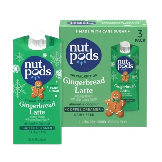 Nutpods Special Edition Gingerbread Latte coffee creamer is shown, featuring almond and coconut ingredients, is dairy-free, made with cane sugar, and comes in a 3-pack of 11.2 fl oz containers.