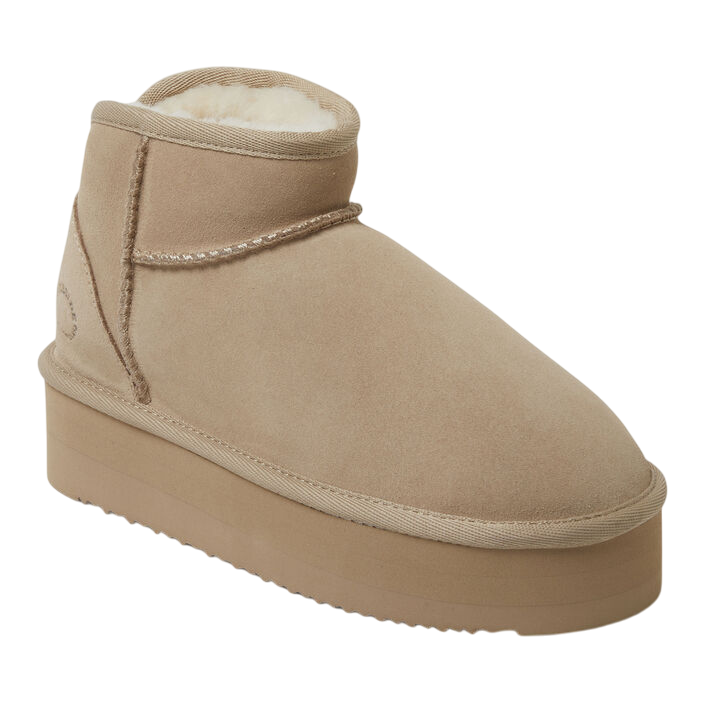 Tan suede platform slipper boot with a thick sole and plush interior lining.