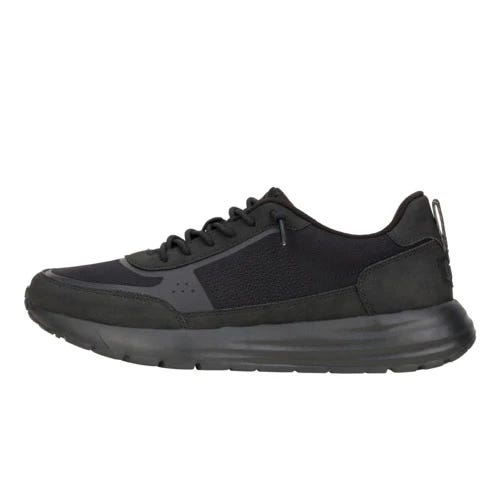 A black athletic sneaker featuring a low-top design with a mesh and synthetic upper, cushioned midsole, and lace-up closure.