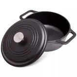 Black cast iron Dutch oven with a lid and two handles, featuring a round metal knob on top.