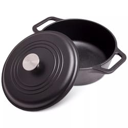 Black cast iron Dutch oven with a lid and two handles, featuring a round metal knob on top.