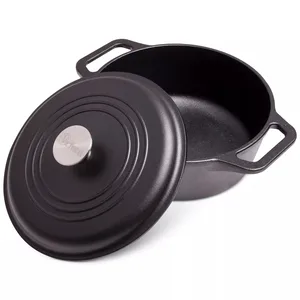 Black cast iron Dutch oven with a lid and two handles, featuring a round metal knob on top.