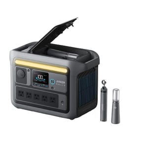 Portable power station with an open lid, featuring multiple outlets and a digital display, accompanied by two detachable light wands on the side.