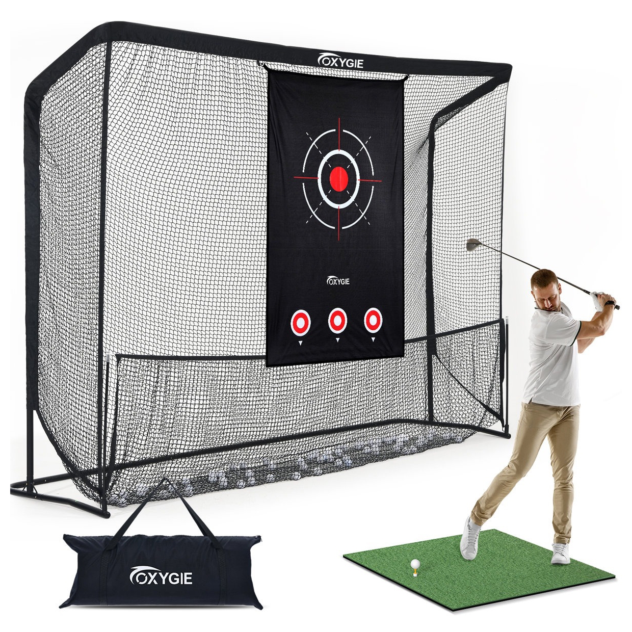 Golf practice net with black target sheet, practice mat, and carrying bag, designed for indoor or outdoor use.