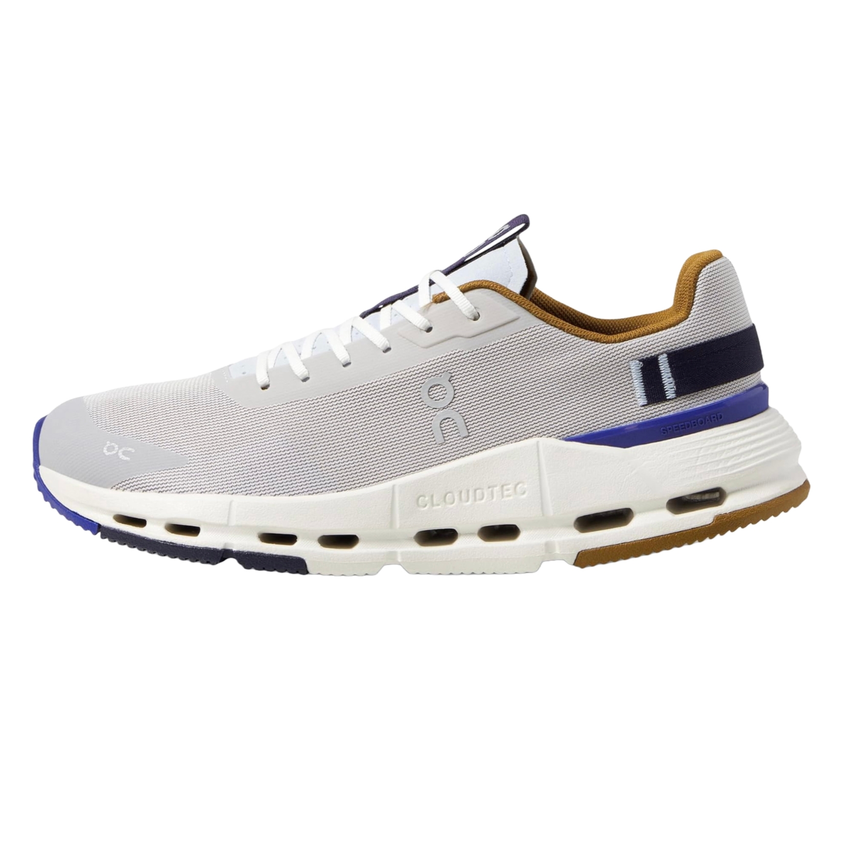 A white athletic shoe with brown and blue accents, featuring the On logo and CloudTec cushioning.