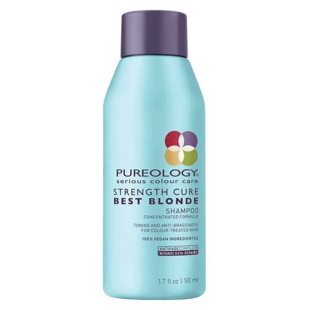 Pureology Strength Cure Best Blonde Shampoo for color-treated hair helps with toning and anti-brassiness, featuring a 100% vegan formula. Size: 1.7 fl oz (50 ml).