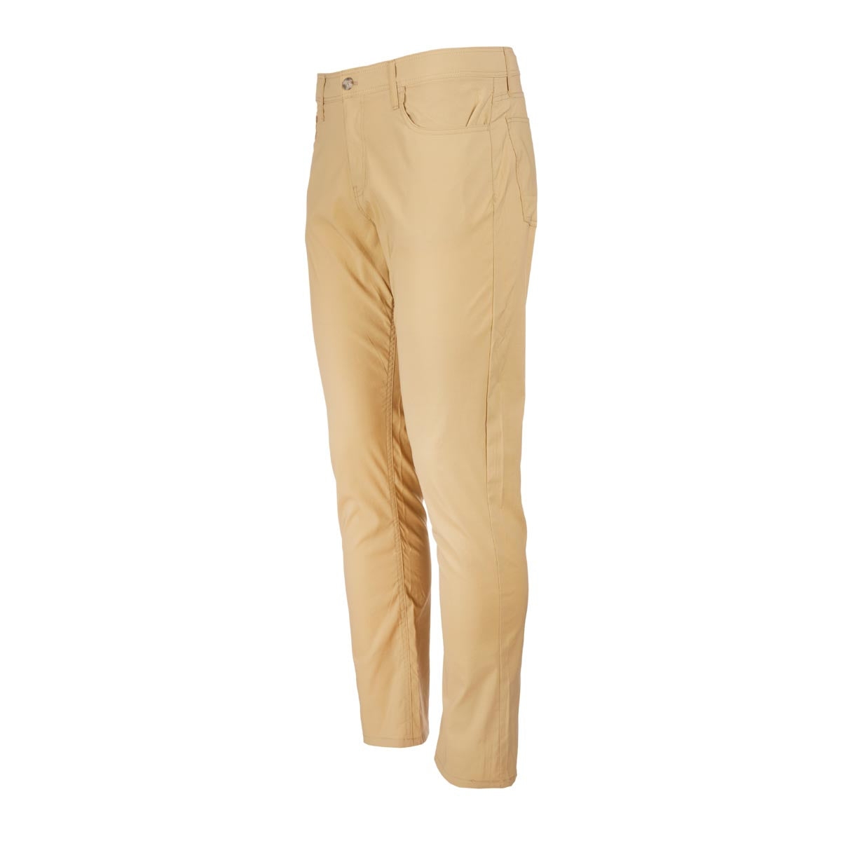 Beige men's performance pants featuring a flat front design and a slight wrinkle on the left leg.
