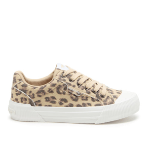A low-top sneaker with a beige and brown leopard print canvas, featuring a white rubber sole and toe cap, beige laces, and metal eyelets.