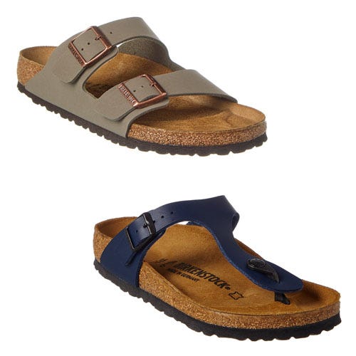 Two pairs of sandals with adjustable straps and cork footbeds; the top pair is khaki with two buckles, the bottom pair is blue with a toe loop.