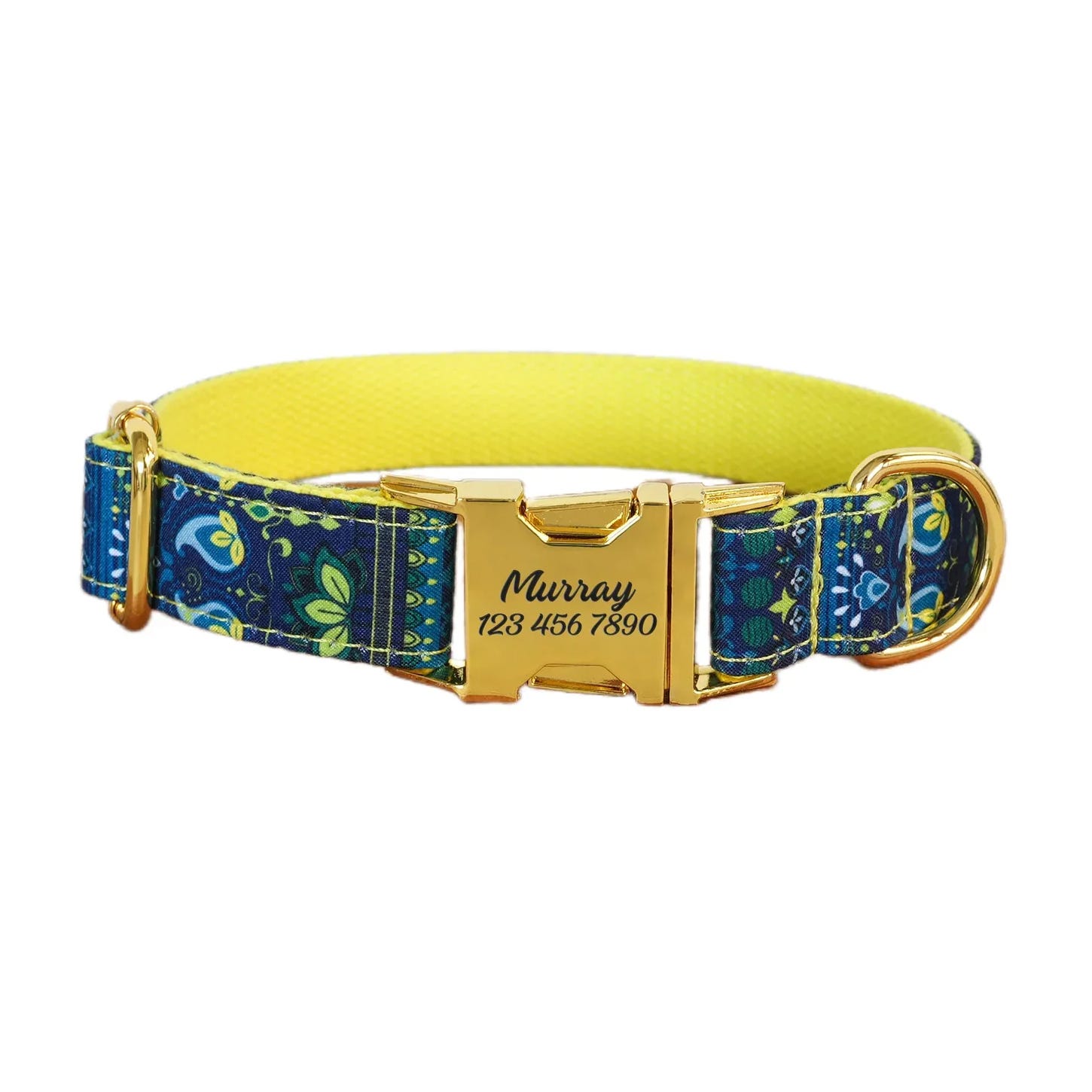 A blue and yellow dog collar with a floral pattern, featuring a gold buckle engraved with \“Murray\“ and a phone number.