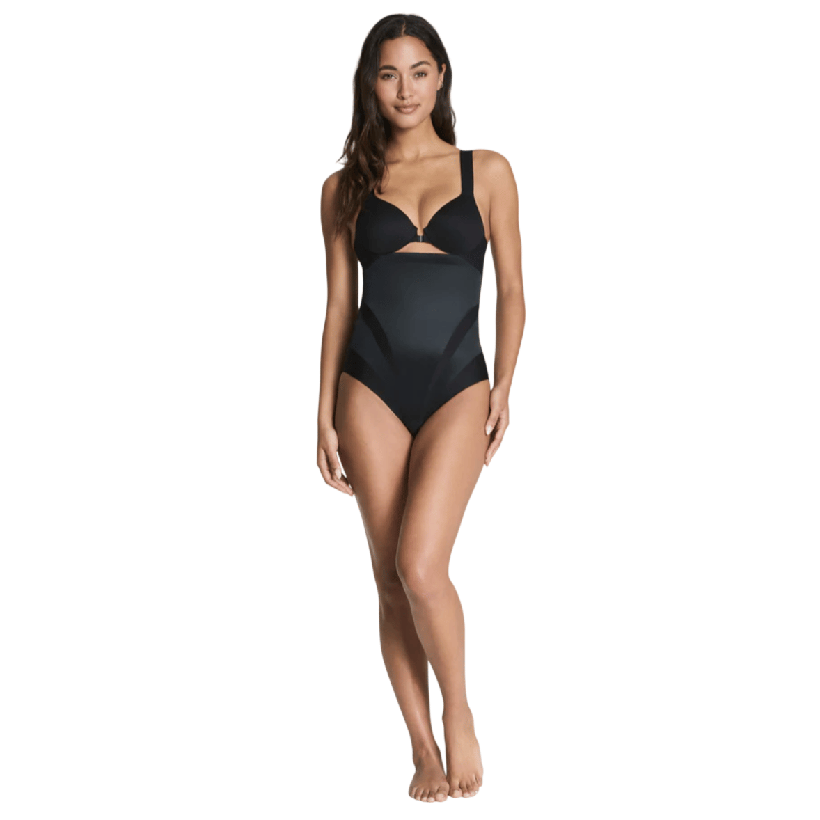 A woman is wearing a black shapewear bodysuit with a high-waisted design and supportive straps. The suit features mesh panels for contouring and coverage.