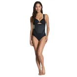 A woman is wearing a black shapewear bodysuit with a high-waisted design and supportive straps. The suit features mesh panels for contouring and coverage.