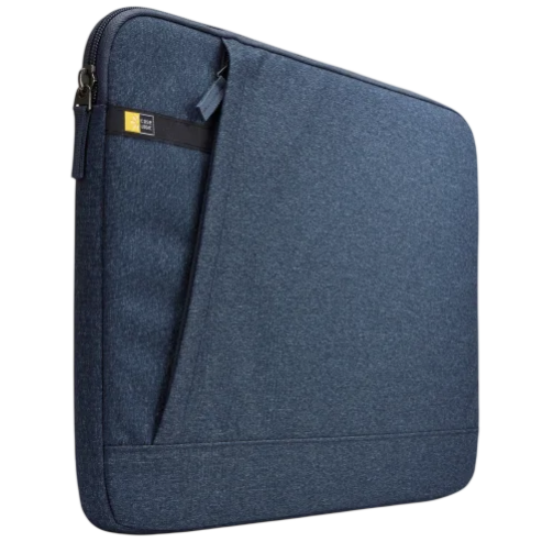 Blue fabric sleeve for laptops with a zipper closure and a small external pocket.