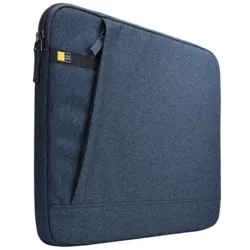 Blue fabric sleeve for laptops with a zipper closure and a small external pocket.