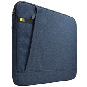 Blue fabric sleeve for laptops with a zipper closure and a small external pocket.