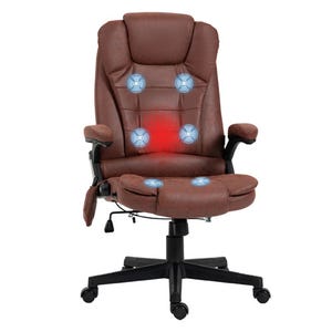 A brown leather office chair with wheels features five massage points and a heating area, equipped with adjustable armrests and a recline lever for enhanced comfort and relaxation.