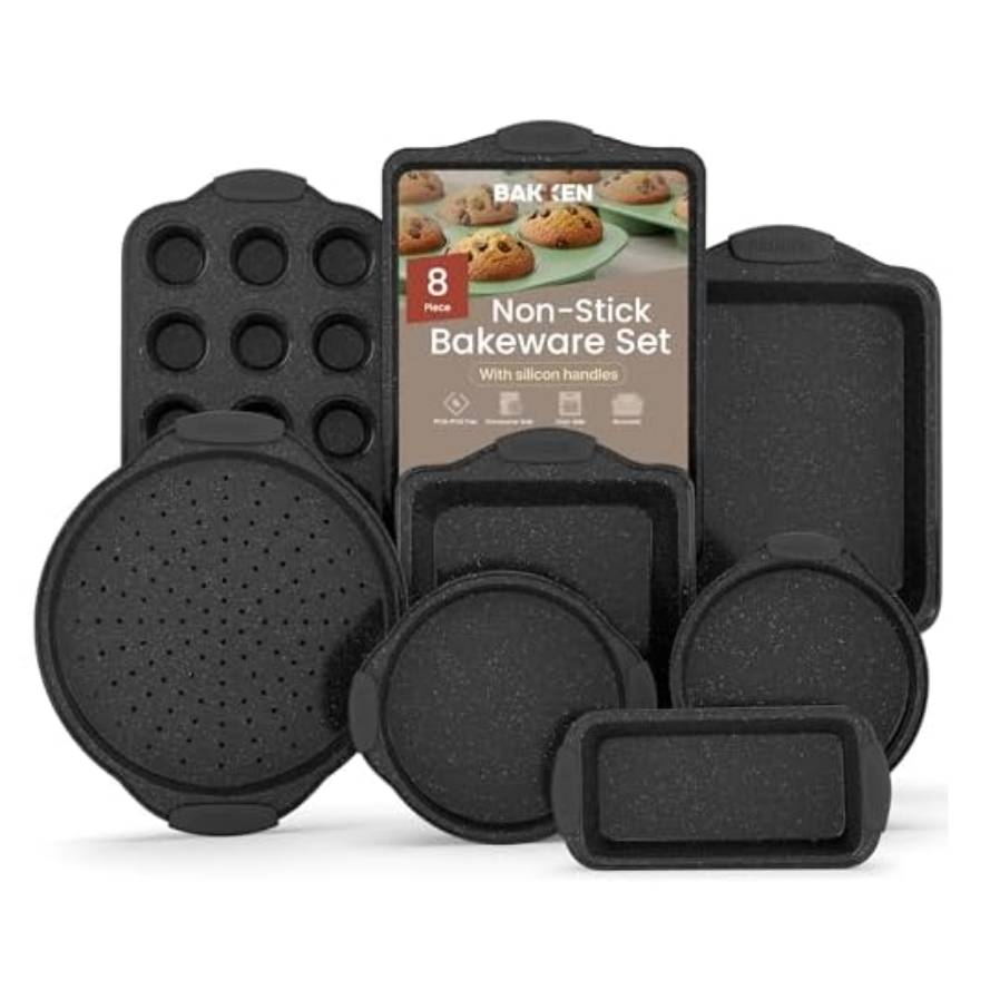 8-piece non-stick bakeware set with silicone handles, featuring muffin, pizza, and rectangular pans for versatile baking needs.