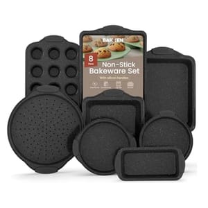 8-piece non-stick bakeware set with silicone handles, featuring muffin, pizza, and rectangular pans for versatile baking needs.