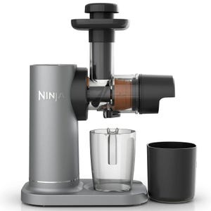 Refurbished Ninja Cold Press Juicer featuring a sleek gray design with a transparent juicing mechanism and two containers for juice and pulp collection.