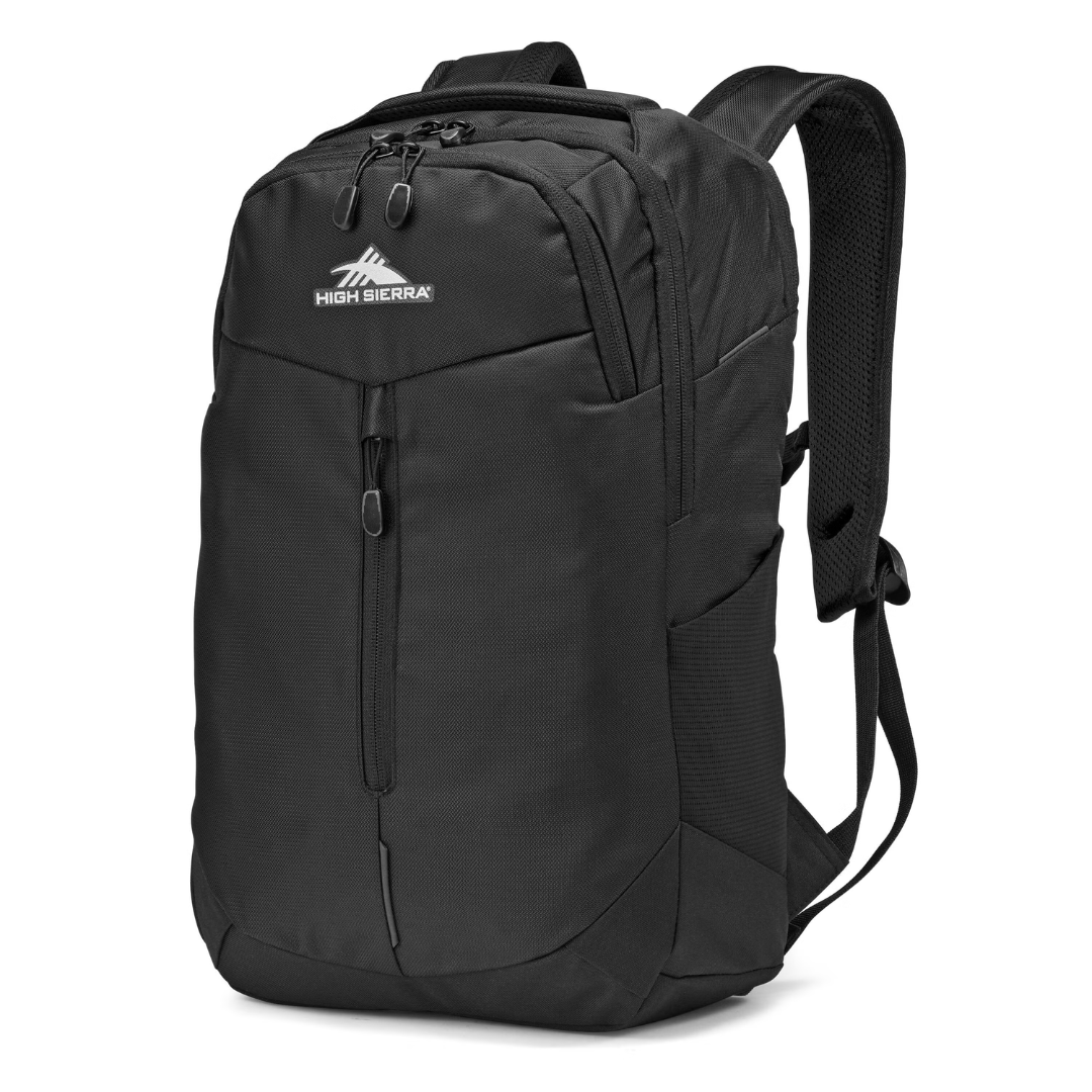 A black High Sierra backpack featuring multiple compartments, padded straps, and a front zipper pocket for convenient storage.