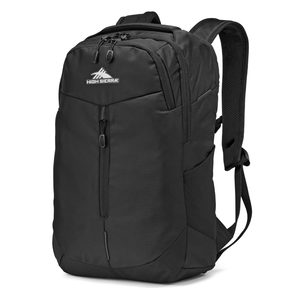 A black High Sierra backpack featuring multiple compartments, padded straps, and a front zipper pocket for convenient storage.