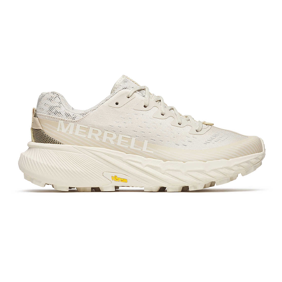 Merrell running shoe in off-white color with a chunky sole and Vibram branding.