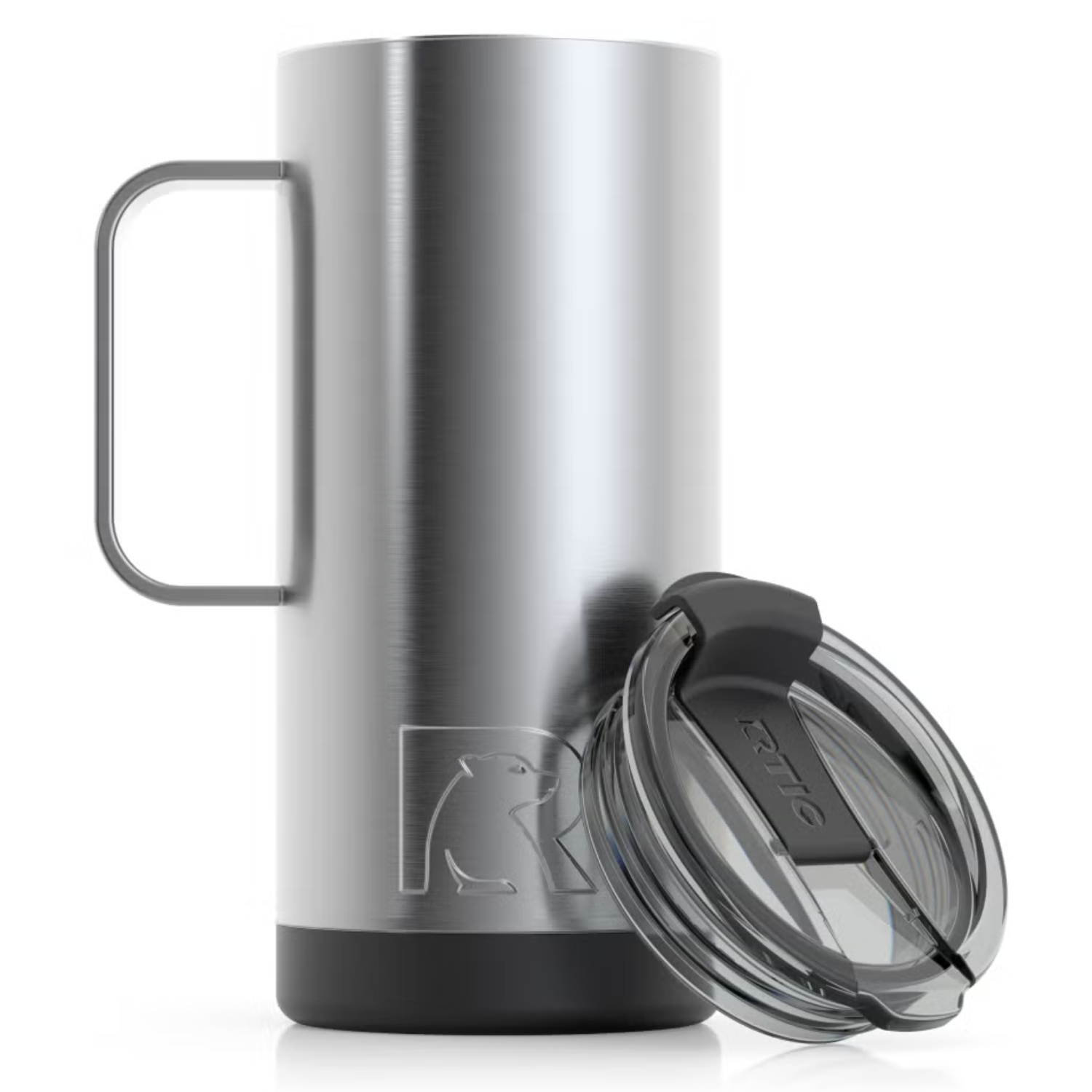 The 16oz RTIC Insulated Travel Mug is a stainless steel mug with a handle, featuring a clear, snap-on lid. Its design is sleek and durable, ideal for keeping beverages hot or cold.