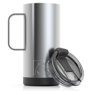 The 16oz RTIC Insulated Travel Mug is a stainless steel mug with a handle, featuring a clear, snap-on lid. Its design is sleek and durable, ideal for keeping beverages hot or cold.