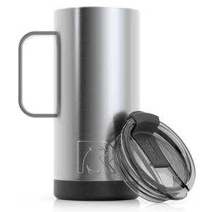 The 16oz RTIC Insulated Travel Mug is a stainless steel mug with a handle, featuring a clear, snap-on lid. Its design is sleek and durable, ideal for keeping beverages hot or cold.
