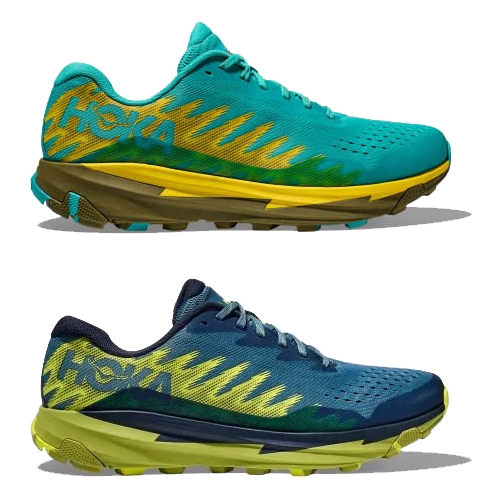 Two pairs of Hoka running shoes, one in turquoise with yellow accents and the other in navy with lime highlights.