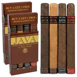 Premium cigar sample pack by Drew Estate labeled \“Java,\“ with a buy 3, get 1 free offer. Includes varieties: Maduro, Latte, Mint, and Red.