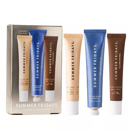 Summer Fridays The Holiday Trio includes three tubes: Butter Balm in vanilla beige and brown packaging, and Jet Lag Mask in blue.