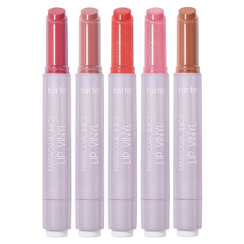 A set of five Tarte Maracuja Juicy Lip Vinyls in various shades, each in a light purple tube with silver text.